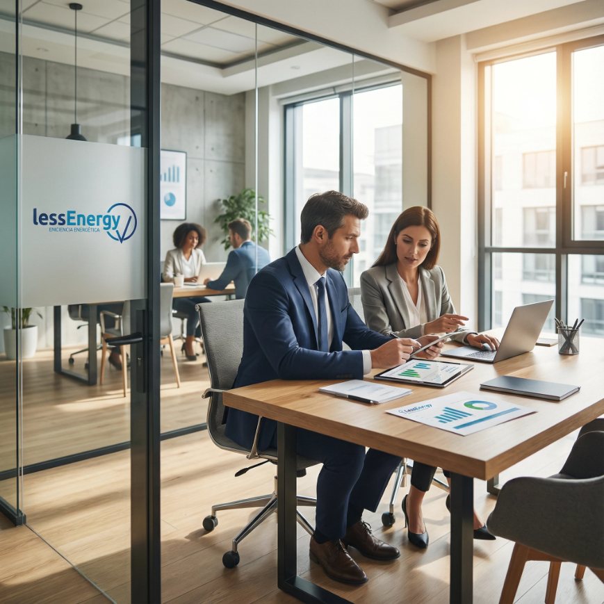 Asesores revisando un estudio energético en un punto de consultoría