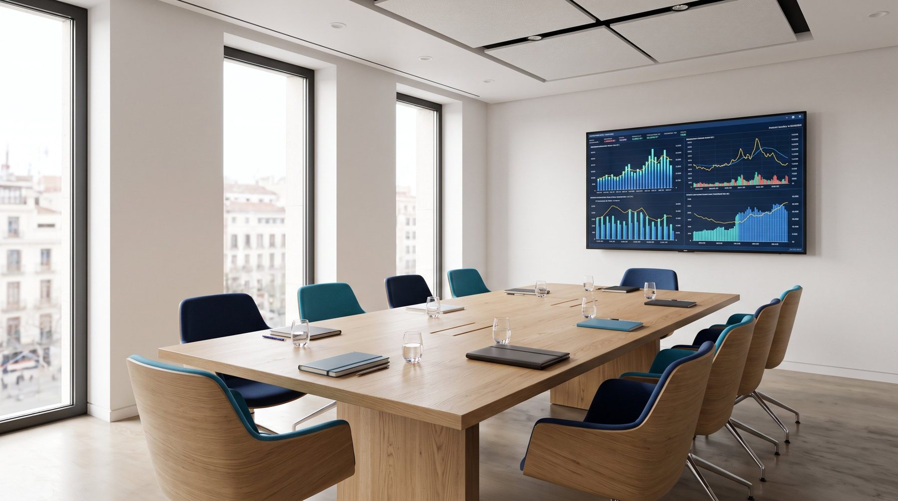Sala de reuniones con panel de datos energéticos